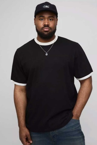 Unisex Siyah Renk Beyaz Biyeli Yaka Düz Oversize Pamuklu T-Shirt Unisex Siyah Renk Beyaz Biyeli Yaka Düz Oversize Pamuklu T-Shirt