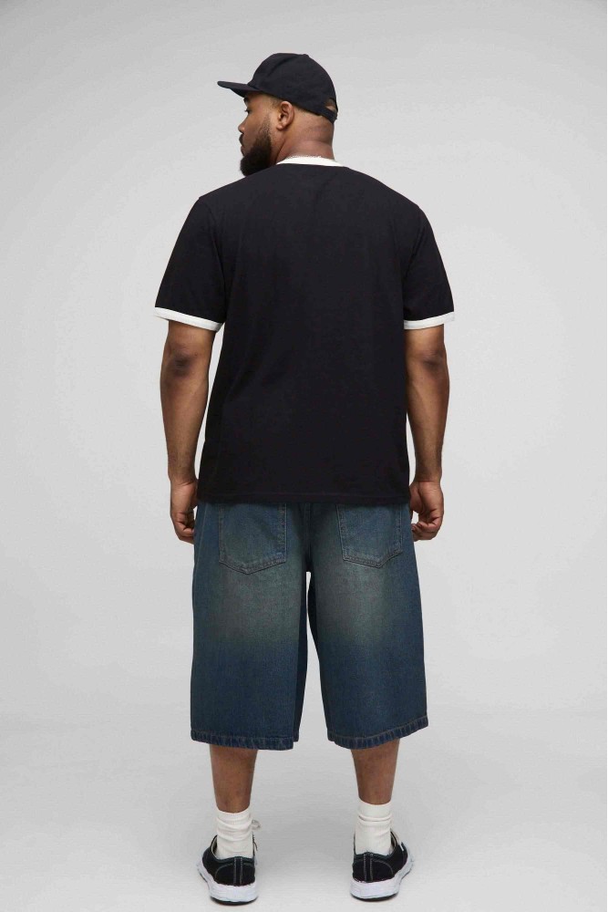 Unisex Siyah Renk Beyaz Biyeli Yaka Black Energy Oversize Pamuklu T-Shirt