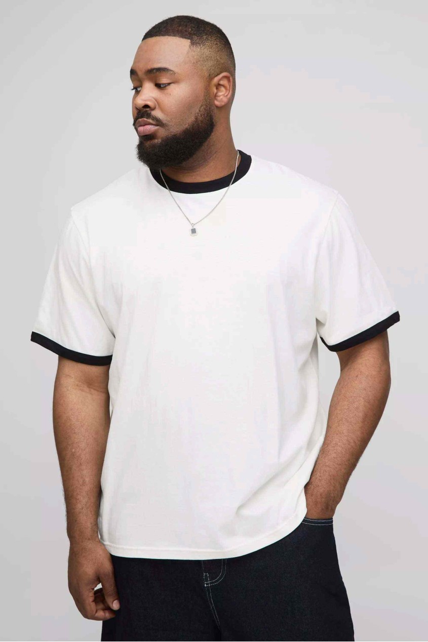 Unisex Beyaz Renk Siyah Biyeli Yaka Düz Oversize Pamuklu T-Shirt Unisex Beyaz Renk Siyah Biyeli Yaka Düz Oversize Pamuklu T-Shirt